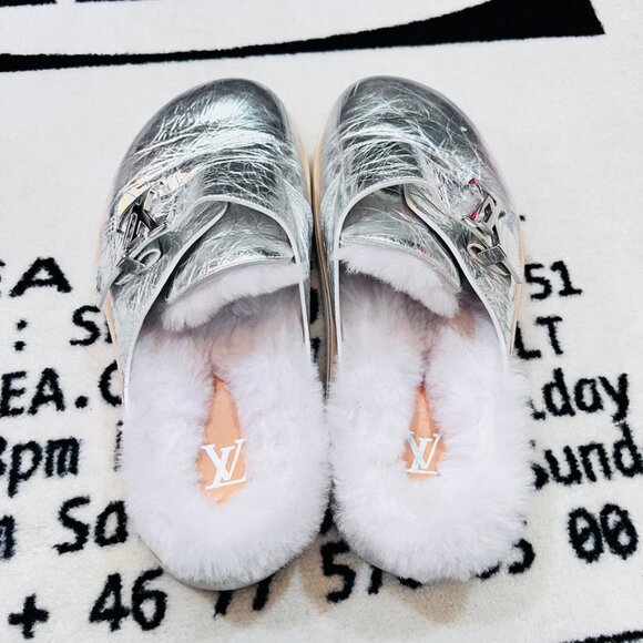 Louis Vuitton Easy Mule Fur Shearling Leather Slip On Clog Sandal - Silver main image 5